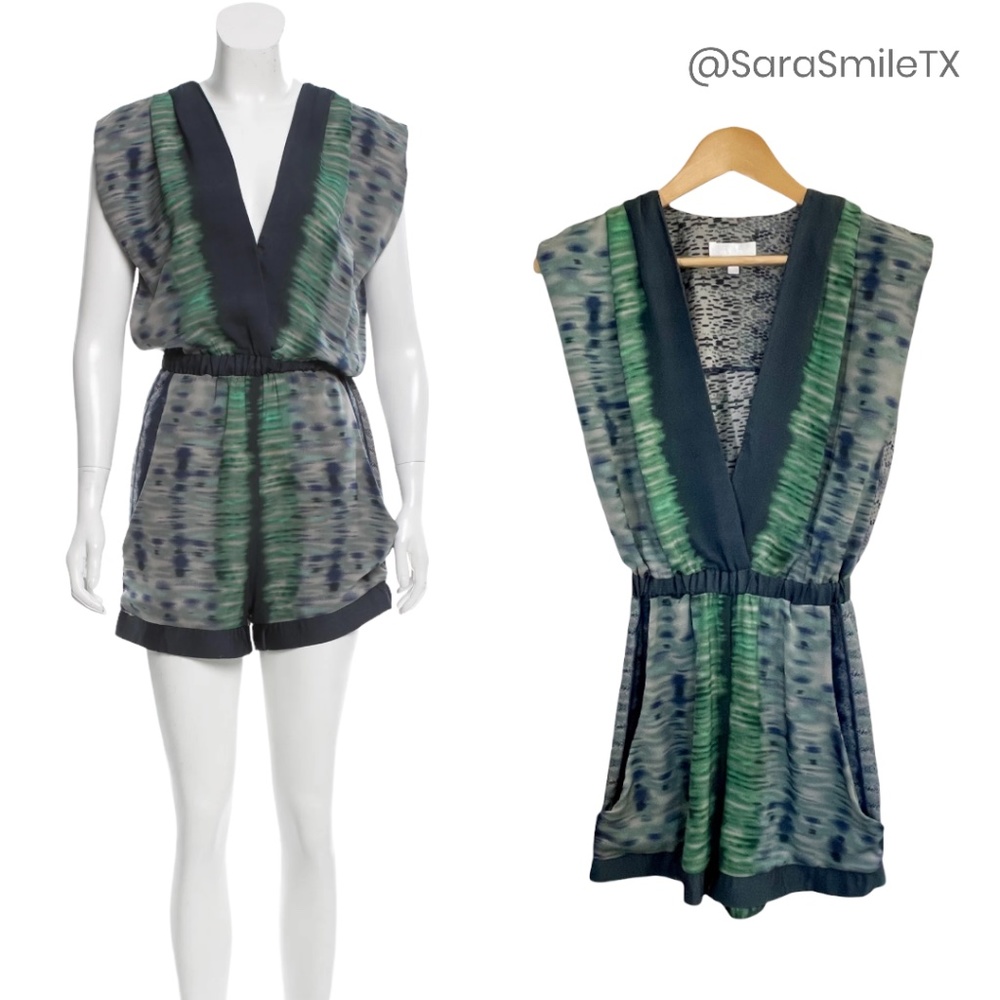 ALEXIS Boho Silky Sleeveless Blue Green Abstract Print Shorts Romper